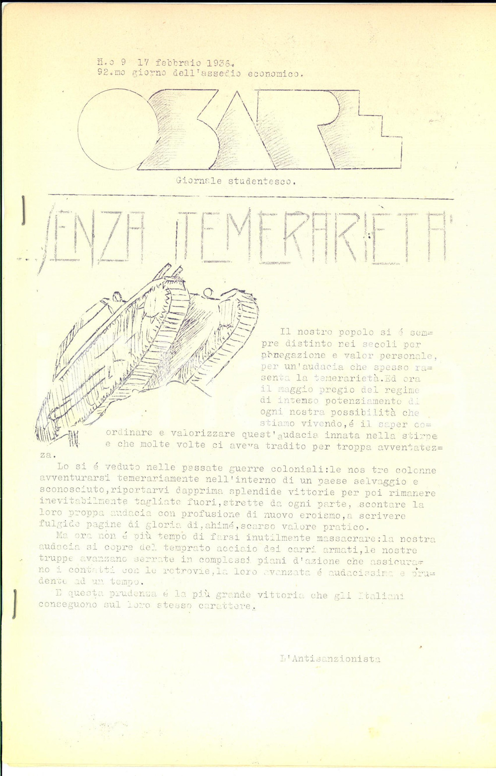 Giornale, rivista storica 1936 OSARE Guerre coloniali  Socrate per il vulgo  Ciclostilato studentesco 1