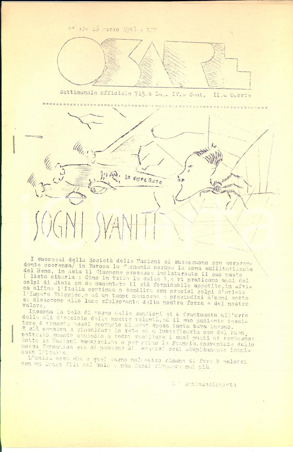 Giornale, rivista storica 1936 OSARE I successi della SocietÃ  delle Nazioni  Ciclostilato studentesco 1