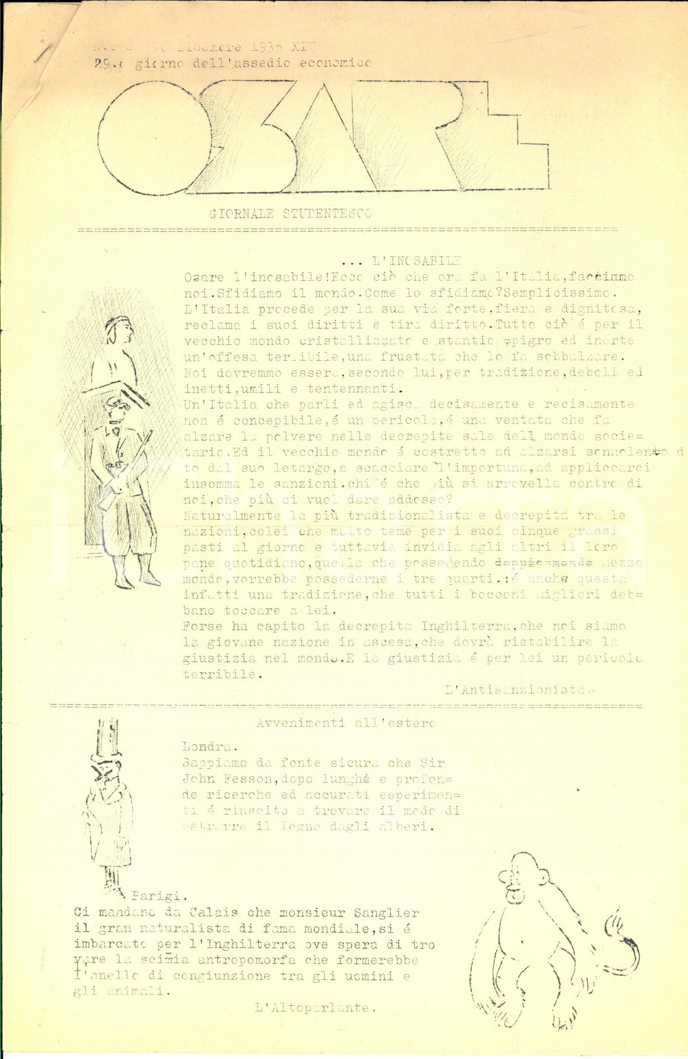 Giornale, rivista storica Dicembre 1935 OSARE L Italia sfida il mondo  Ciclostilato studentesco 1