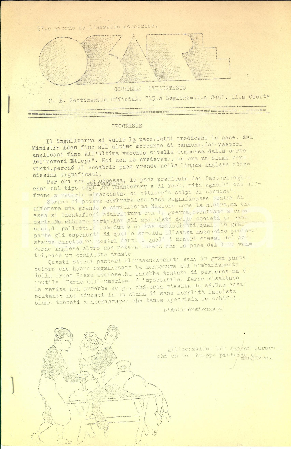 Giornale, rivista storica 1936 OSARE La pace ipocrita dell Inghilterra  Ciclostilato studentesco 6 pp. 1