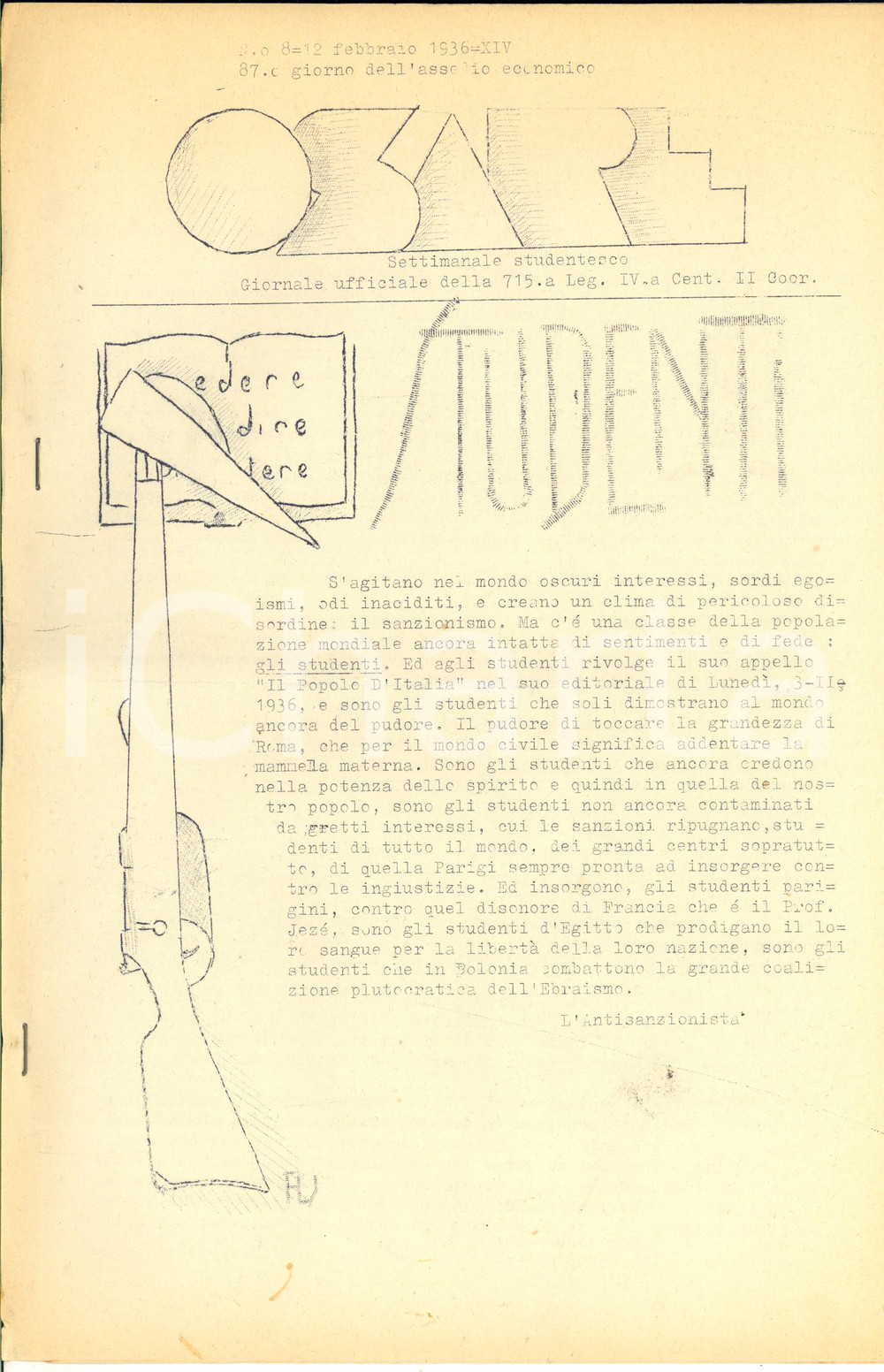 Giornale, rivista storica 1936 OSARE Gli studenti e la fede nella grandezza di Roma  Ciclostilato nÂ° 8 1