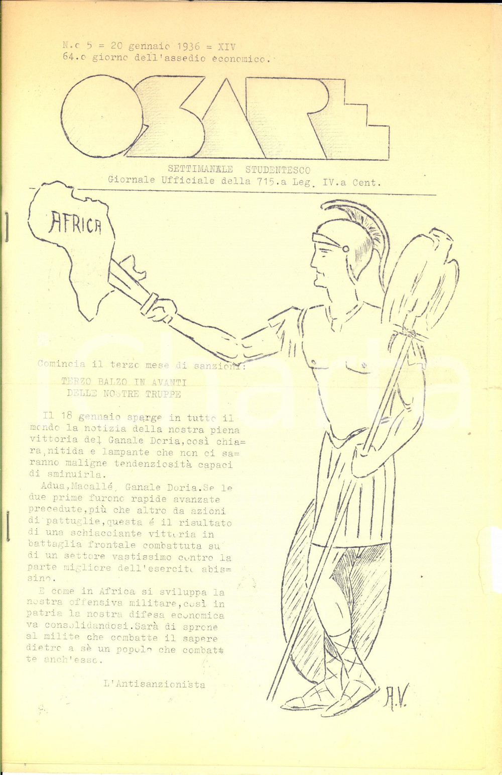 1936 OSARE La vittoria italiana del GANALE DORIA - Ciclostilato studentesco nÂ° 5 Raro settimanale studentesco, n&deg; 5 del 20 gennaio 1936.Ciclostilato e spillato, con illustrazioni.FORMATO: 23x33 cmCONDIZIONI: POOR (profonda piegatura centrale d'epoca e gualciture evidenti al lato destro)PAGINE: 6     originale e autentica 1