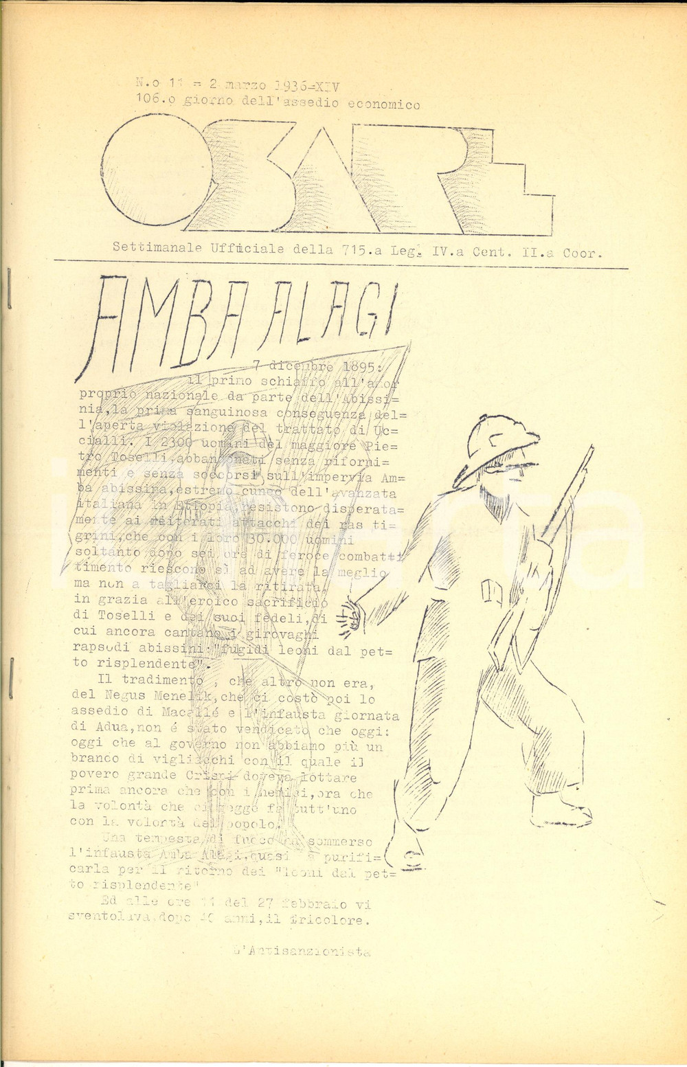 Giornale, rivista storica 1936 OSARE Vittorie italiane nell AMBA ALAGI  Ciclostilato studentesco nÂ° 11 1