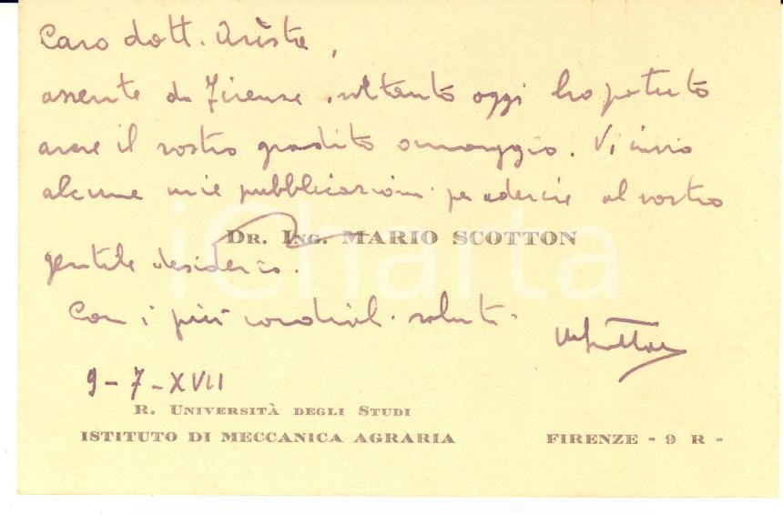 Autografo originale 1939 UniversitÃ  di FIRENZE Ing. Mario SCOTTON  Biglietto da visita AUTOGRAFO 1