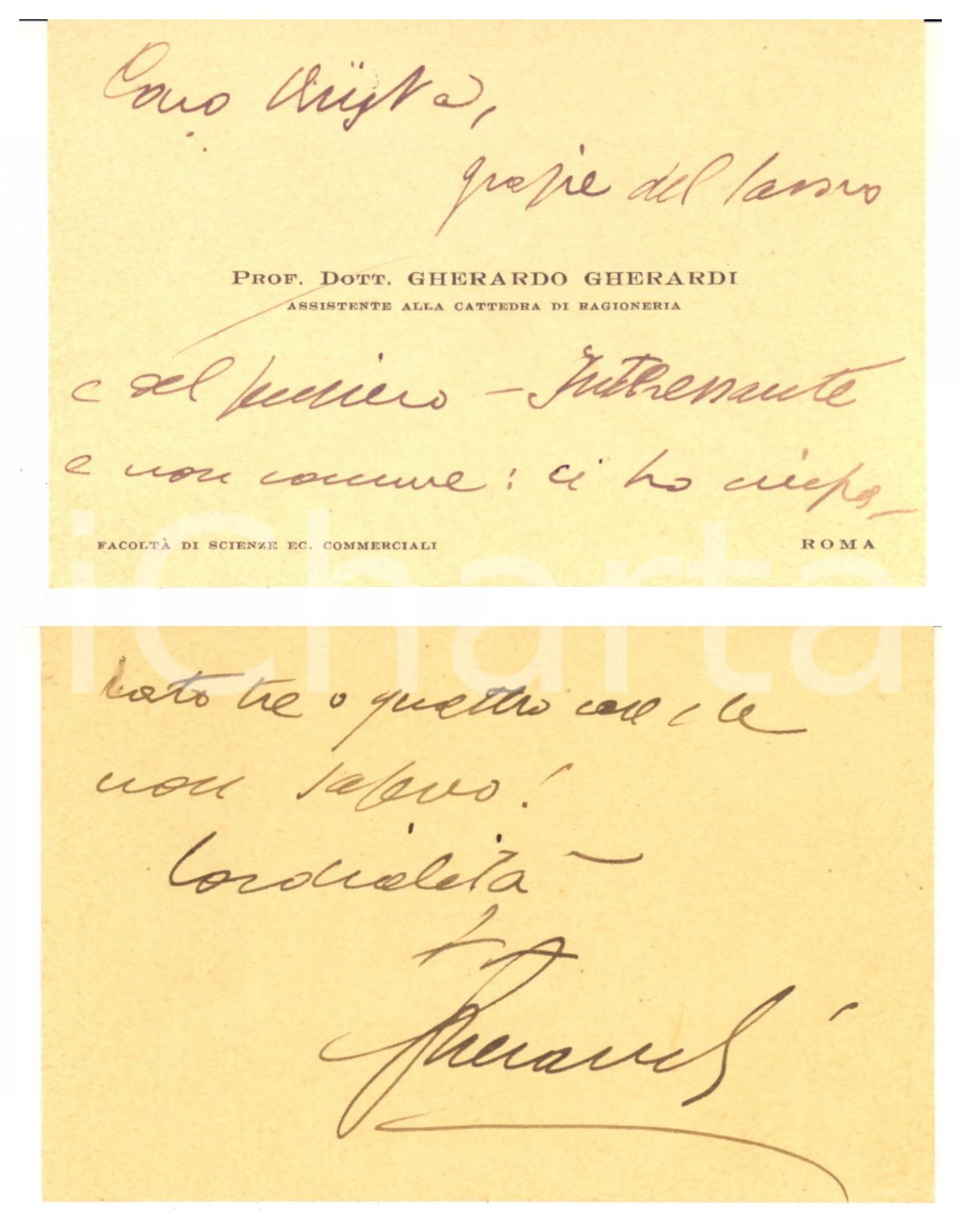 Autografo originale 1940 ca UniversitÃ  ROMA Prof. Gherardo GHERARDI  Biglietto da visita AUTOGRAFO 1