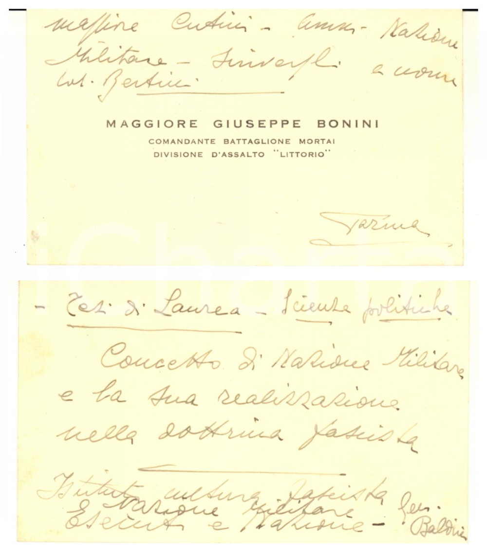 Autografo originale 1940 ca PARMA Maggiore Giuseppe BONINI  Divisione LITTORIO Biglietto AUTOGRAFO 1