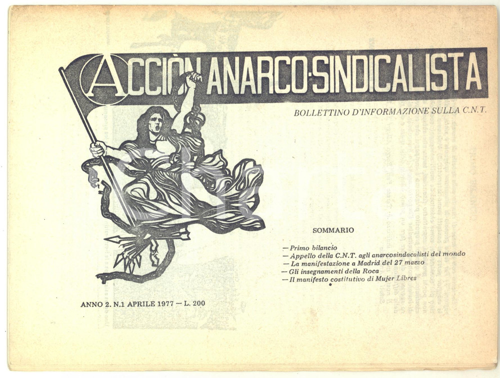 Giornale, rivista storica 1977 ACCION ANARCOSINDACALISTA Manifesto Mujer Libres Ciclostilato anno II n°1 1