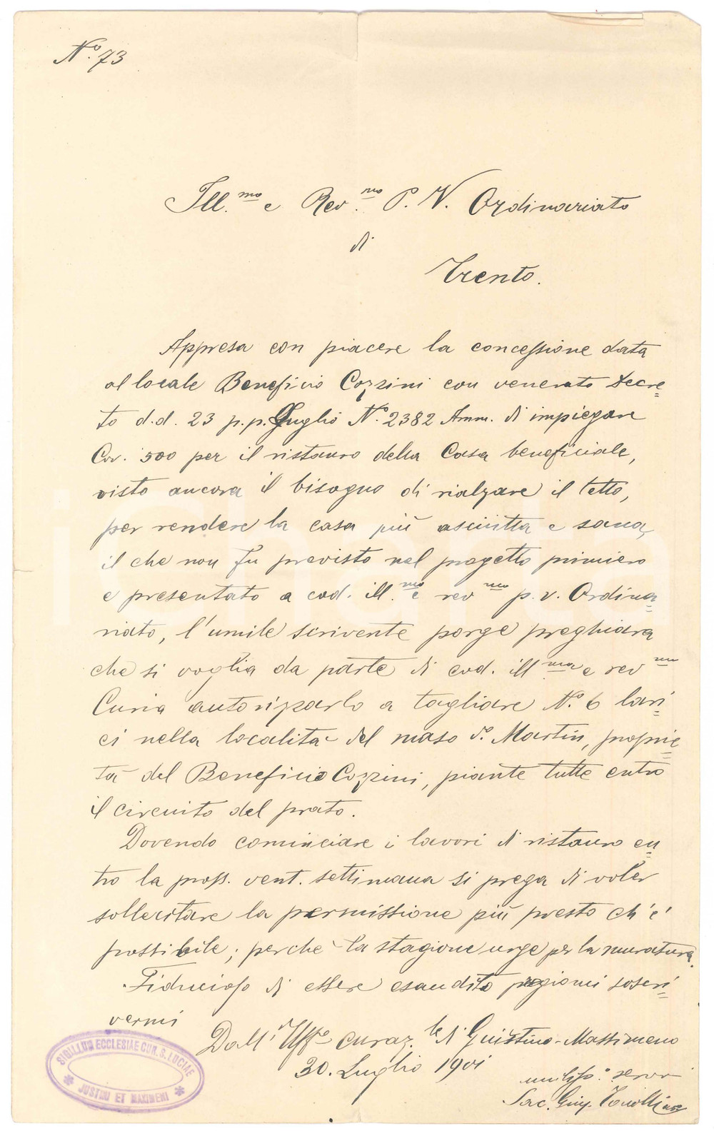 Documento originale, autentico 1901 GIUSTINO TN Don Giuseppe TONELLI chiede permesso di taglio larici 1