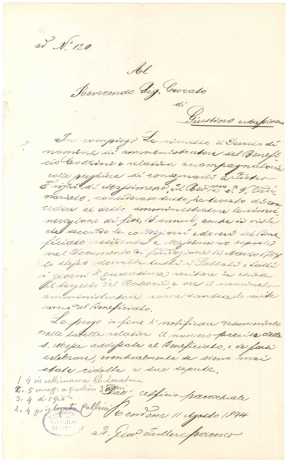 Manoscritto, lettera originale 1894 RENDENA Lettera del parroco su nuovo amministratore Beneficio COZZINI 1