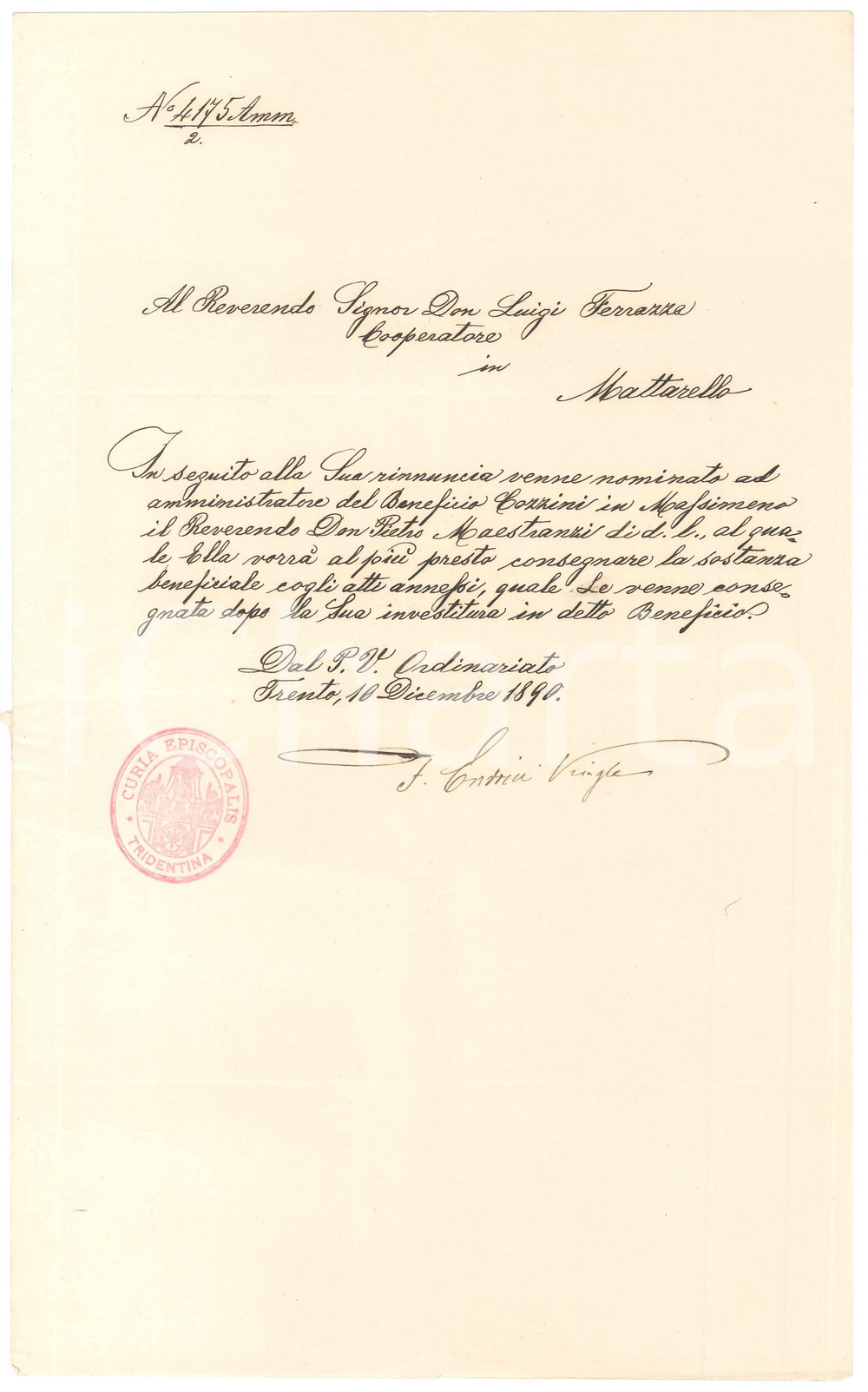 Autografo originale 1890 TRENTO Mons. Felice ENDRICI su nuova nomina beneficio AUTOGRAFO 1
