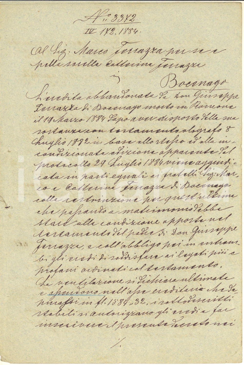 Documento originale, autentico 1884 BOCENAGO TN Sull ereditÃ  abbandonata di don Giuseppe FERRAZZA Manoscritto 1