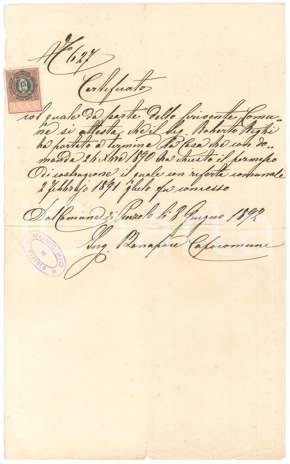 Documento originale, autentico 1892 PINZOLO TN Certificato costruzione casa Roberto RIGHI  Ing. BONAPACE 1