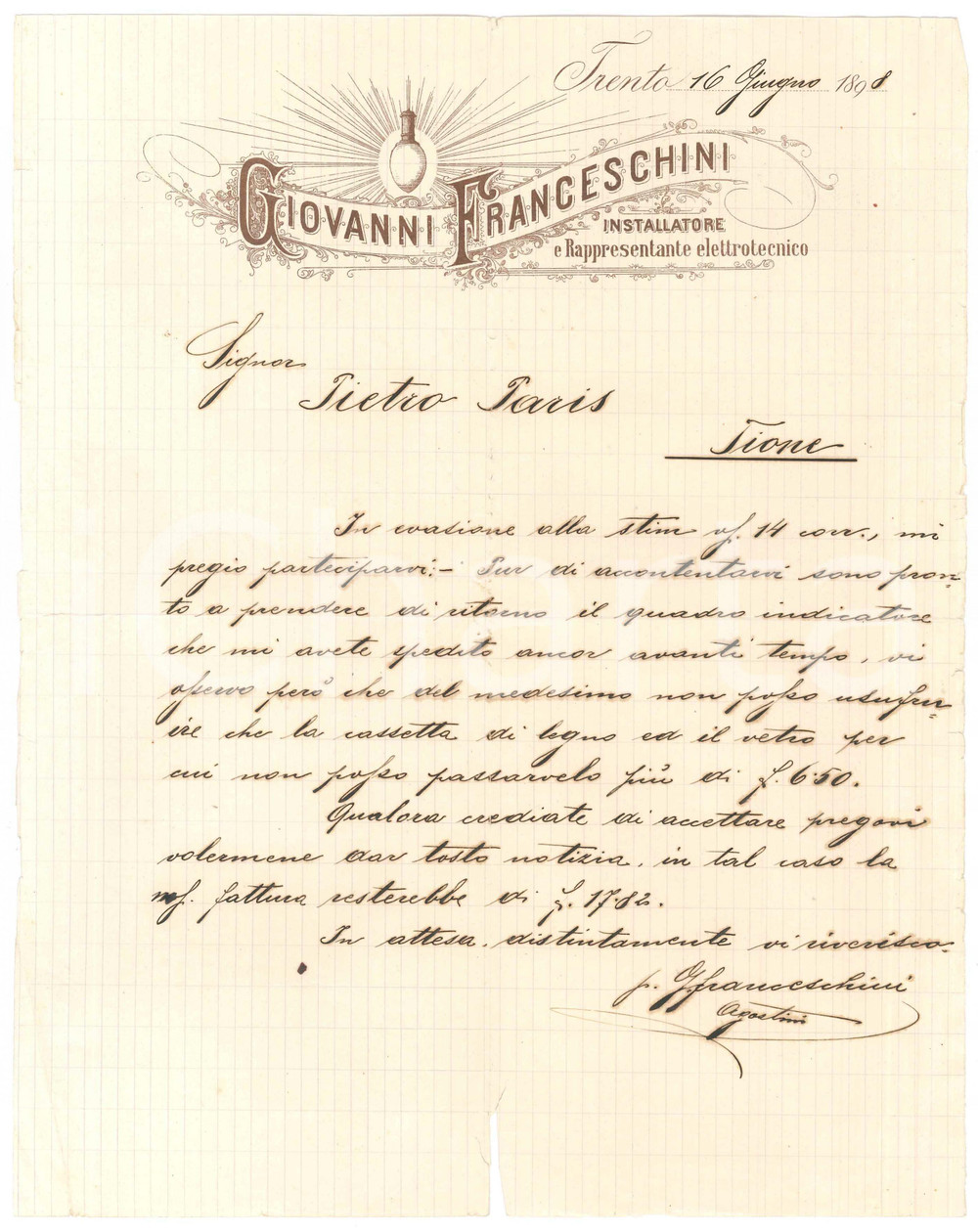 1898 TRENTO Giovanni FRANCESCHINI installatore elettrotecnico - Lettera