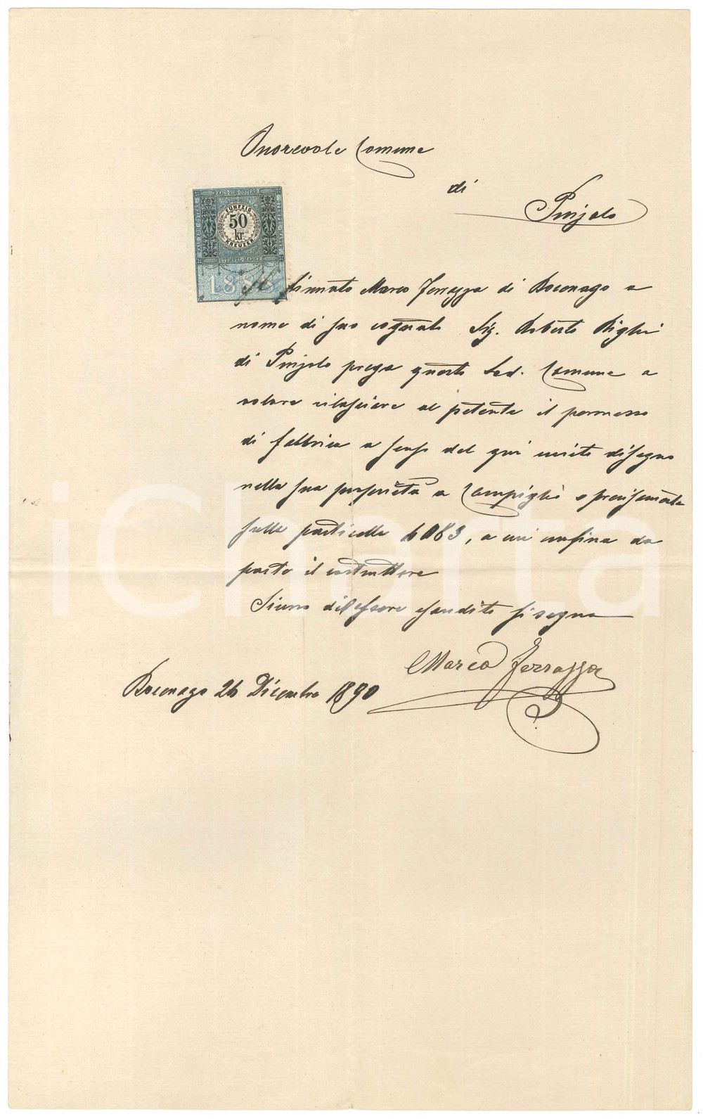 Documento originale, autentico 1890 BOCENAGO Supplica Marco FERRAZZA permesso di fabbrica MADONNA DI CAMPIGLIO 1
