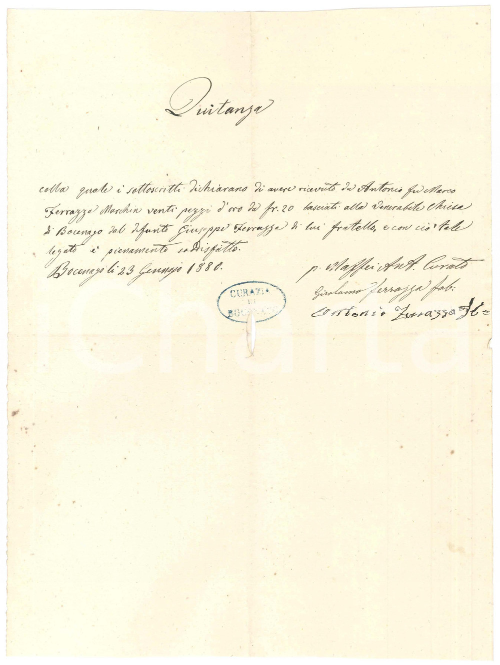 Documento originale, autentico 1880 BOCENAGO TN Quietanza lascito defunto Giuseppe FERRAZZA alla Chiesa 1