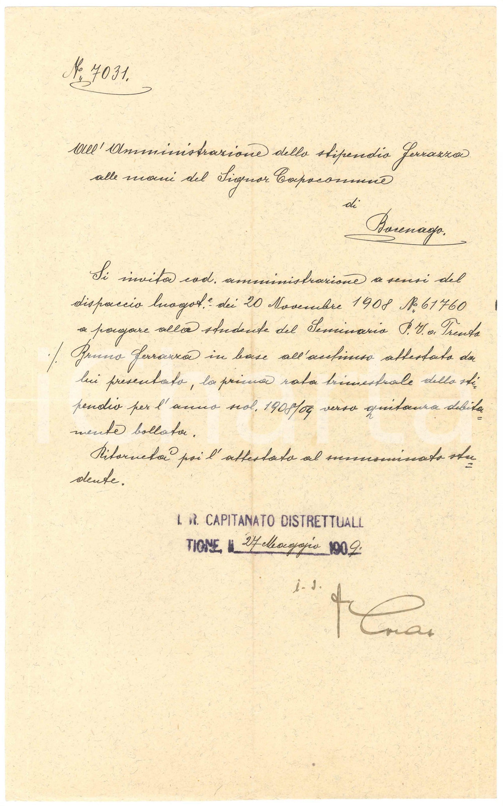 Documento originale, autentico 1909 TIONE DI TRENTO Invito a pagare stipendio al seminarista Bruno FERRAZZA 1
