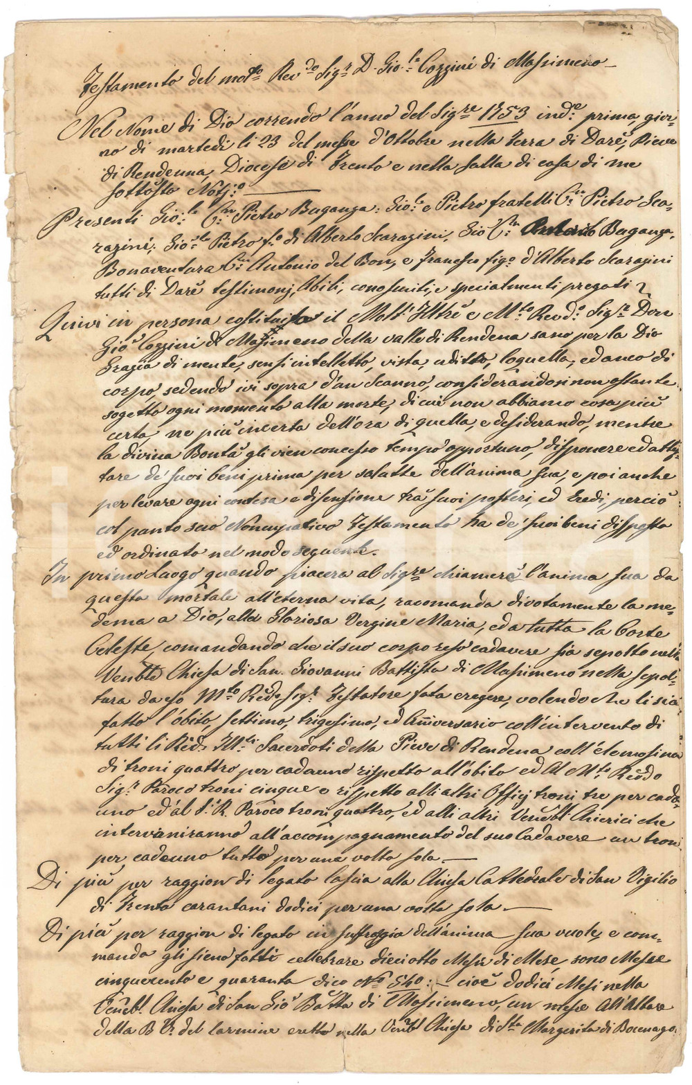 Documento originale, autentico 1868 MASSIMENO TN Testamento di Giovanni COZZINI del 1753 Manoscritto 1