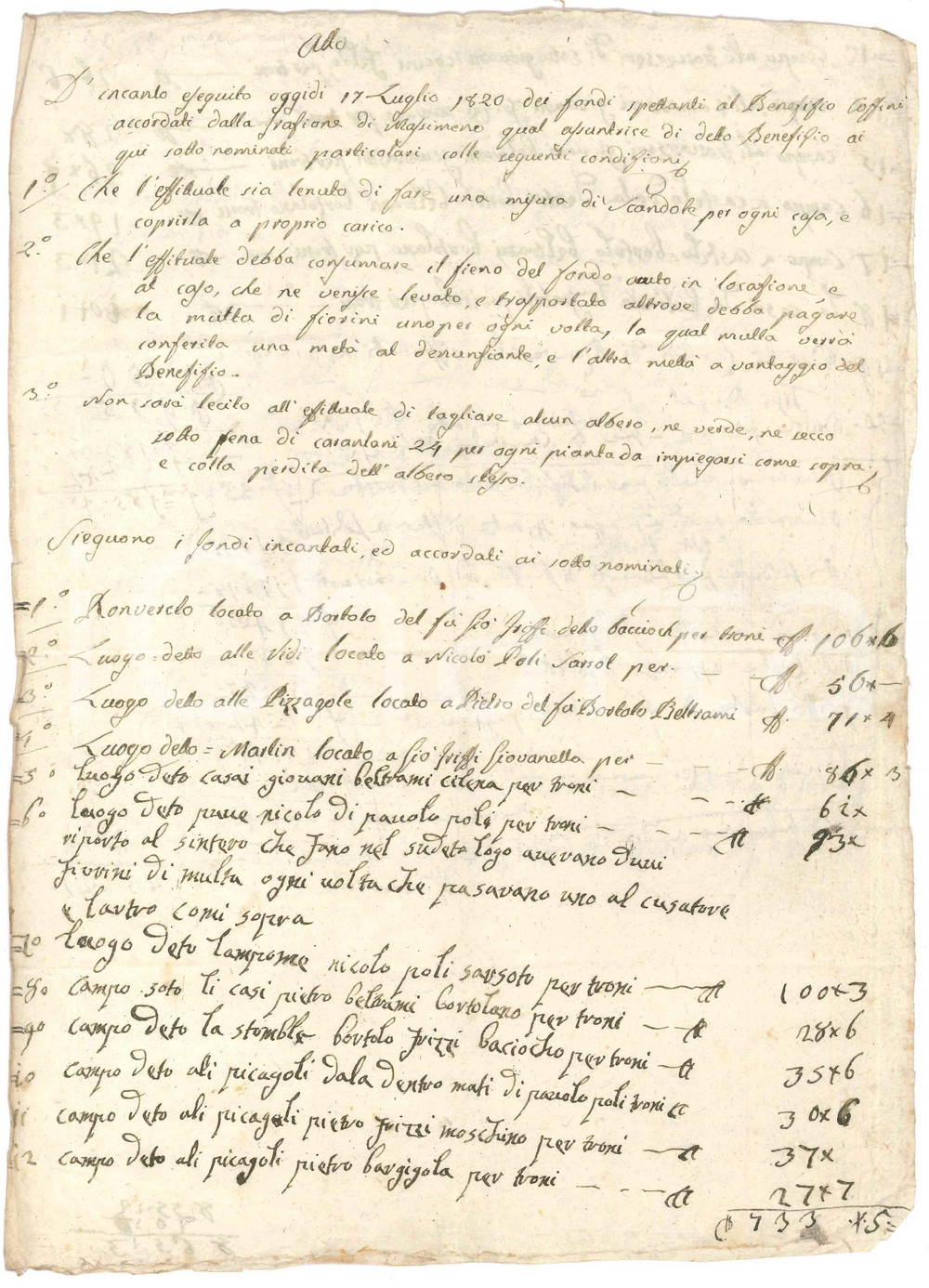 Documento originale, autentico 1820 MASSIMENO TN Atto d incanto fondi del beneficio COZZINI  Manoscritto 1