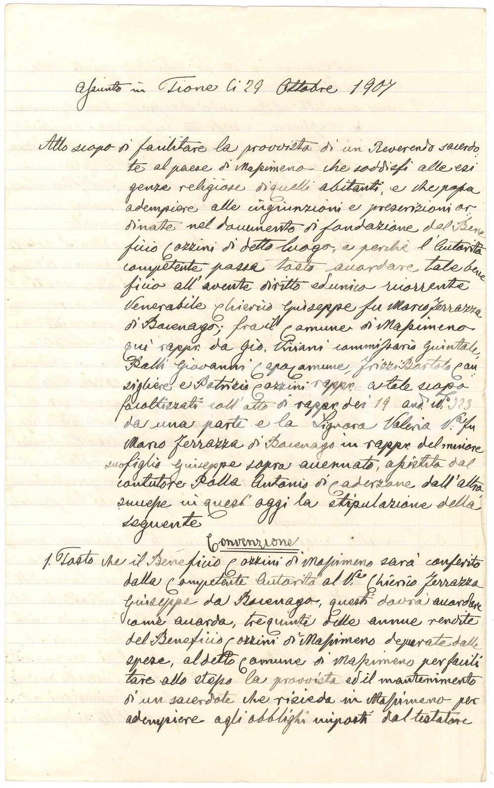 Documento originale, autentico 1907 MASSIMENO TN Convenzione sul Beneficio COZZINI  Don Giuseppe FERRAZZA 1