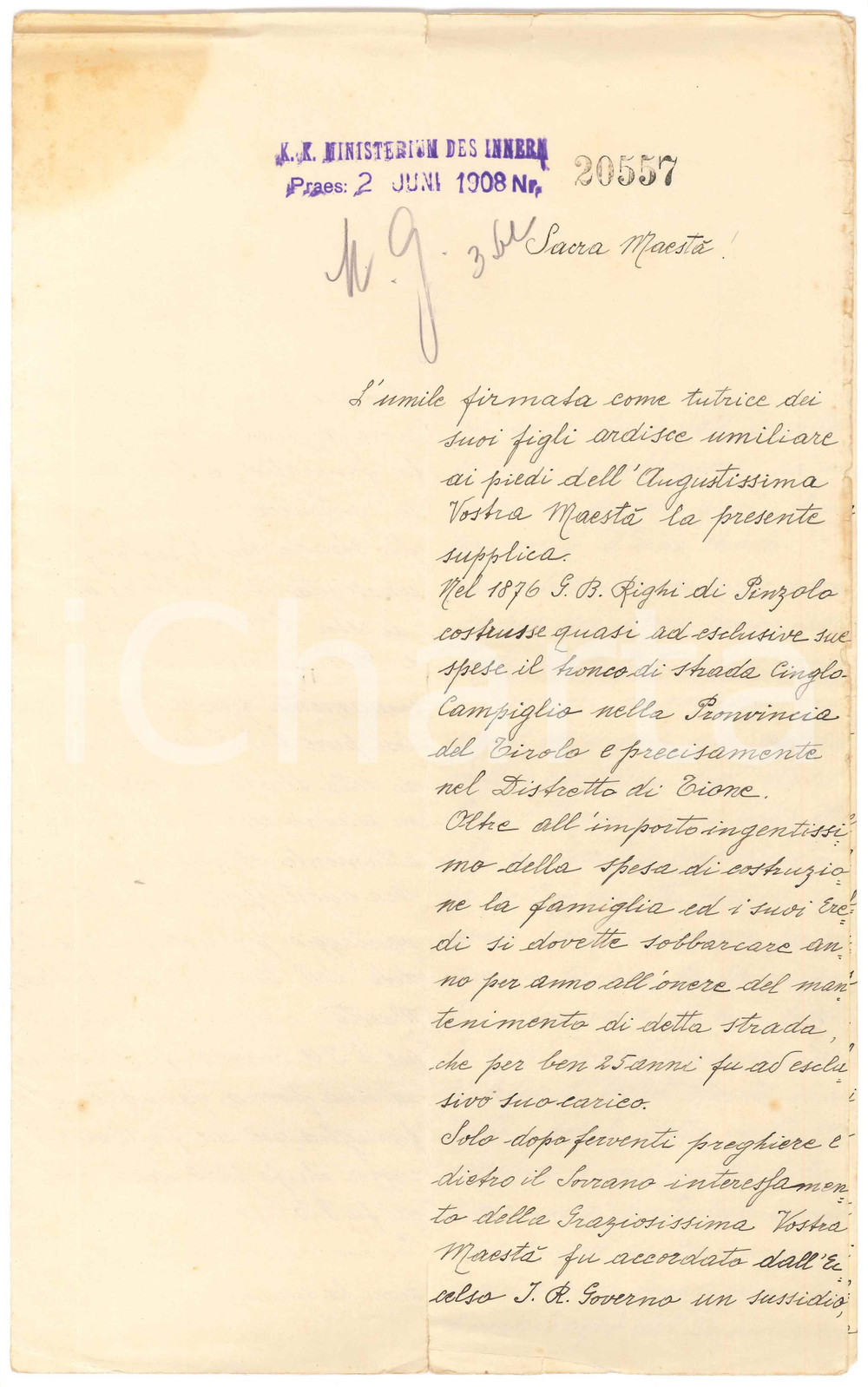 Documento originale, autentico 1908 BOCENAGO Supplica della vedova Valeria FERRAZZA per un sussidio 1