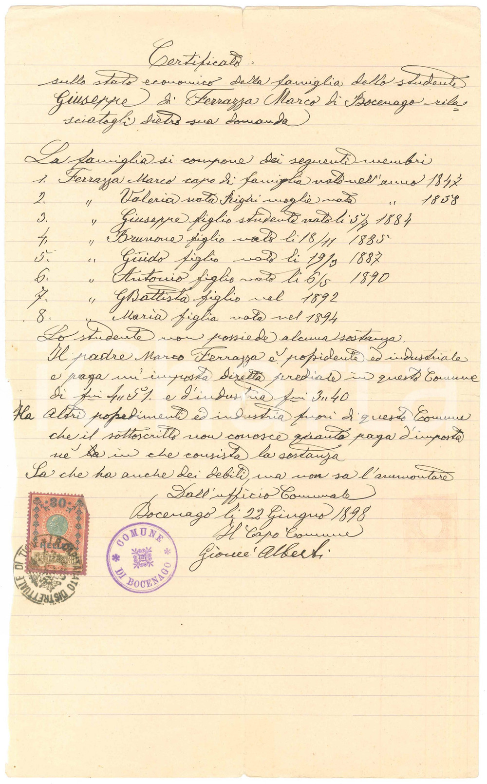 Documento originale, autentico 1898 BOCENAGO TN Stato economico famiglia dello studente Giuseppe FERRAZZA 1