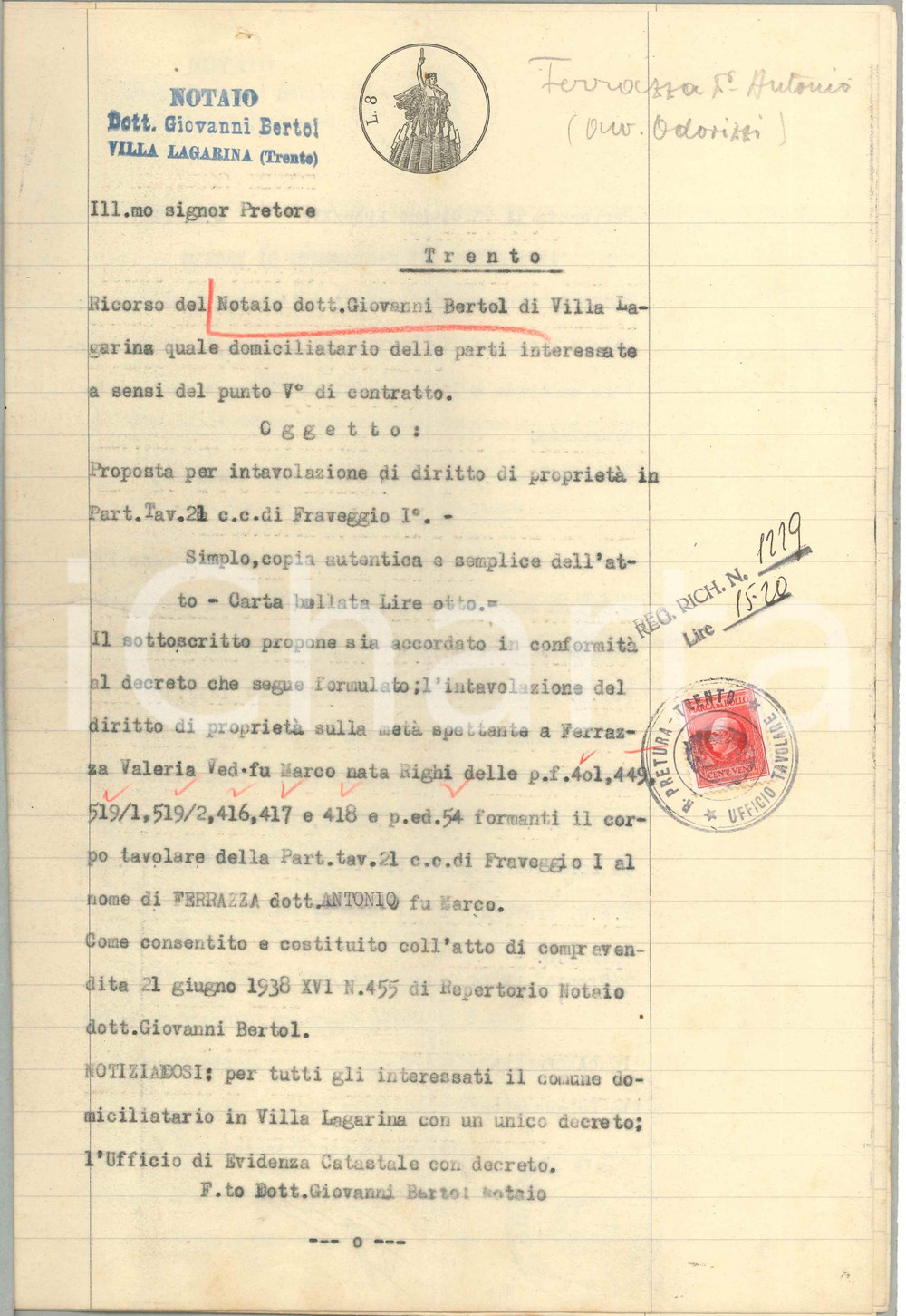Documento originale, autentico 1938 BOCENAGO TN Atti vendita vedova Valeria FERRAZZA al figlio Antonio 1