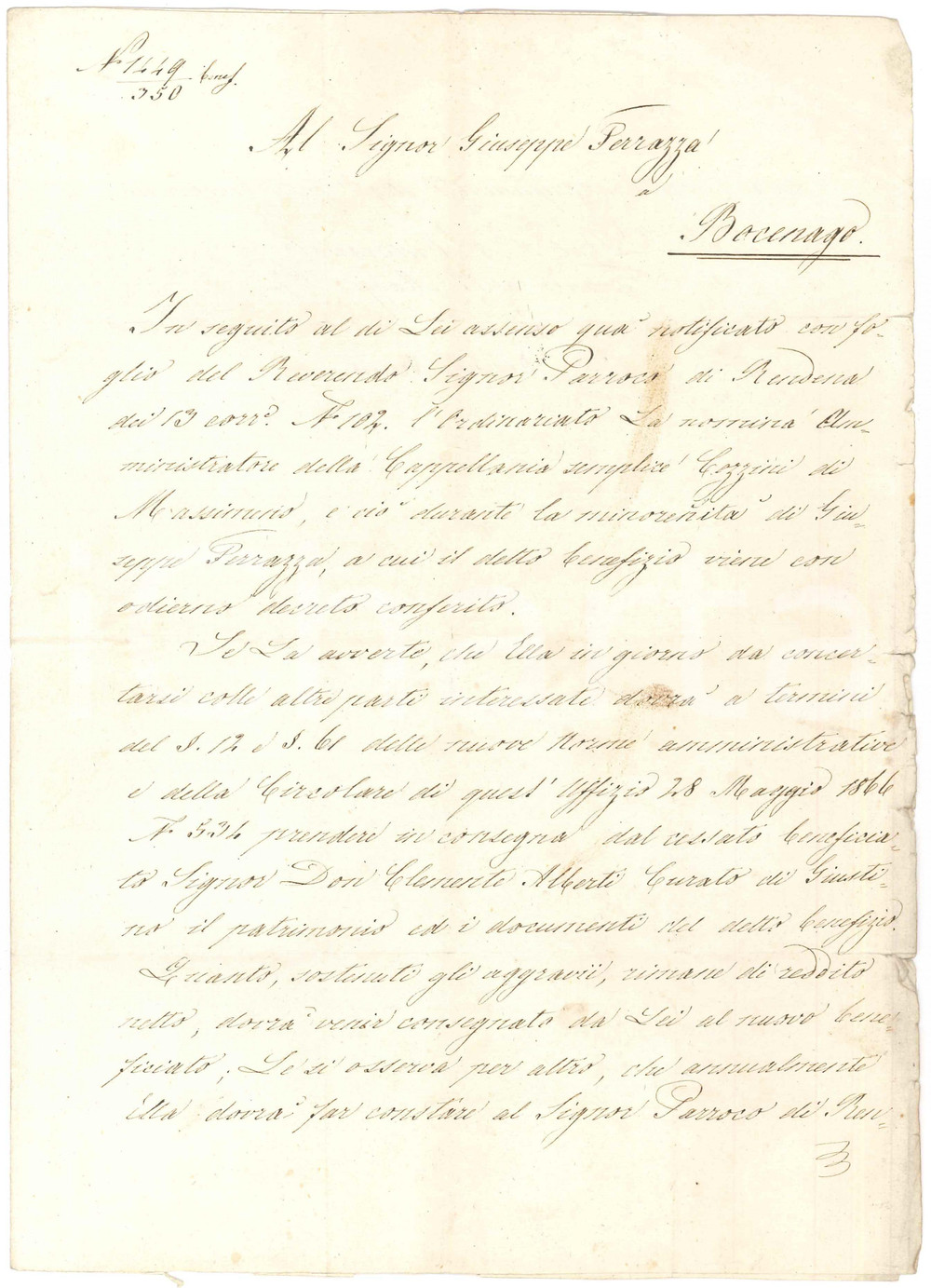 Manoscritto, lettera originale 1867 TRENTO Mons. Benedetto RICCABONA DE REICHENFELS su cappellania Autografo 1