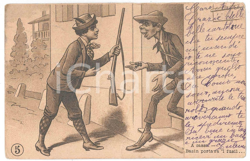 Cartolina originale da collezione 1901 UMORISMO Dialetto lombardo  Basin portava  l fusil  Cartolina FP VG 1