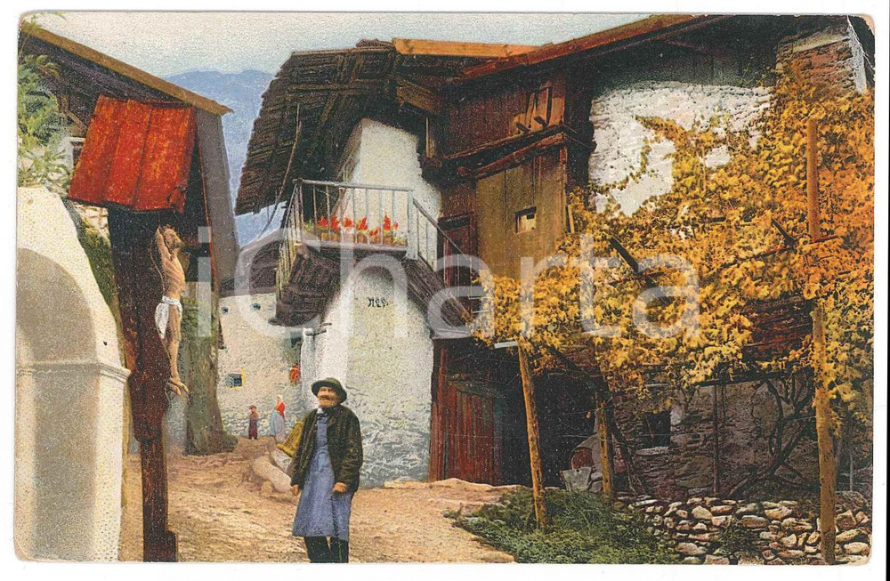 Cartolina originale da collezione 1940 ca OSTERREICH  HERBST Old woman praying Jesus statue   Postcard FP VG 1