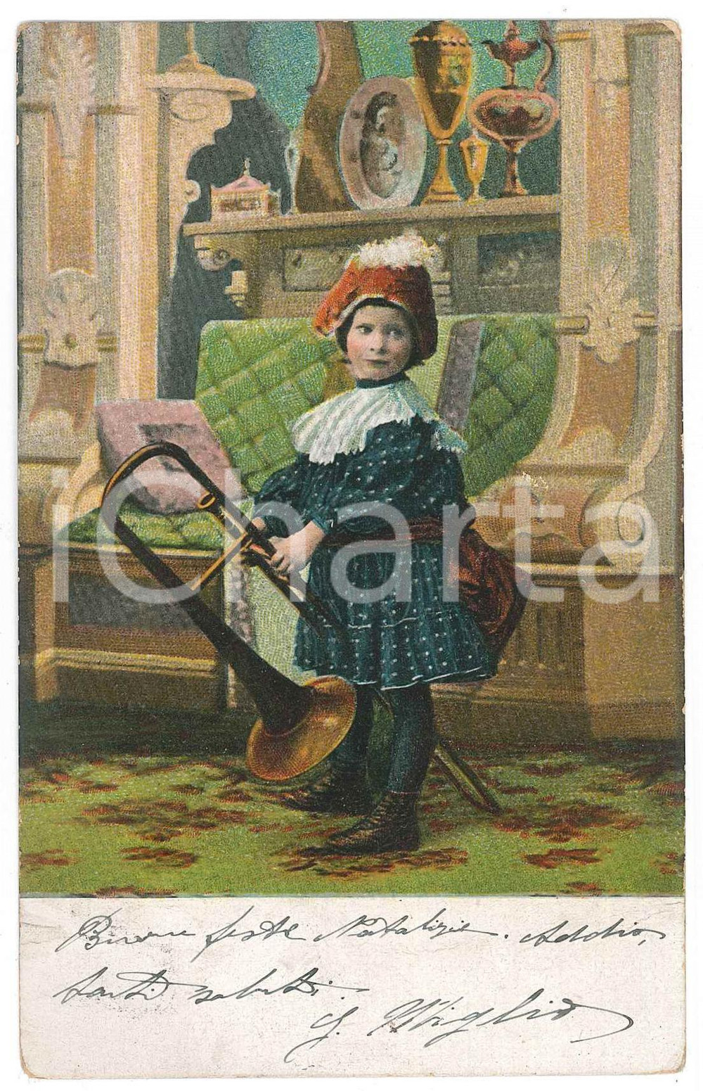 Cartolina originale da collezione 1904 COSTUME Ritratto di bambina con tromba  Cartolina FP VG 1