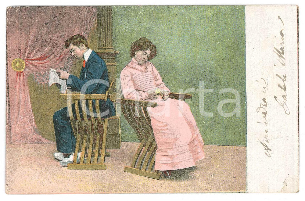 Cartolina originale da collezione 1904 INNAMORATI Lettera d amore e m ama non m ama  Cartolina FP VG 1