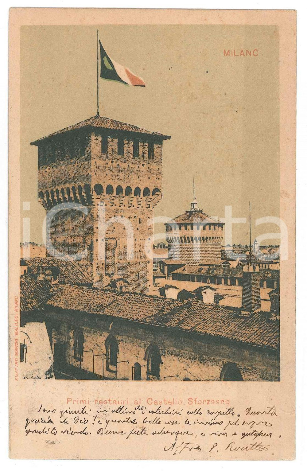 Cartolina originale da collezione 1940 ca MILANO Primi restauri al Castello Sforzesco  Cartolina FP VG 1