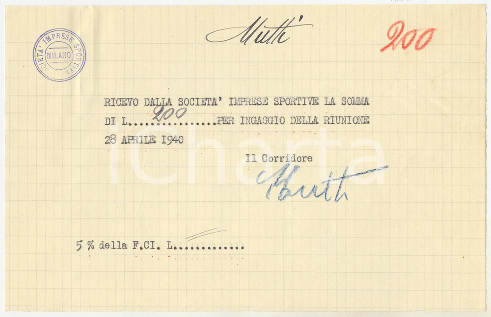Autografo originale 1940 CICLISMO Milano Vigorelli  Ricevuta Luigi MUTTI per corsa  AUTOGRAFO 1
