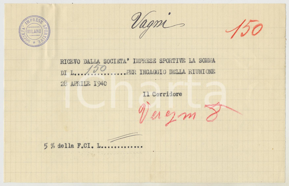 Autografo originale 1940 CICLISMO Milano Vigorelli  Ricevuta Enrico VAGNI per corsa  AUTOGRAFO 1
