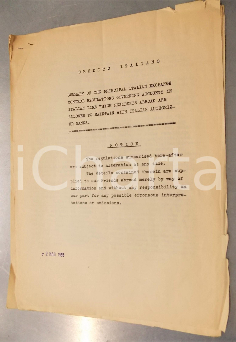 Documento originale, autentico 1955 CREDITO ITALIANO Summary of the Italian exchange control regulations 11 pp. 1