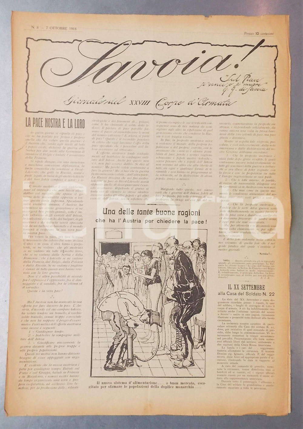 Giornale, rivista storica Ottobre 1918 WW1 SAVOIA! L Austria e la pace  Giornale di trincea nÂ° 8 1