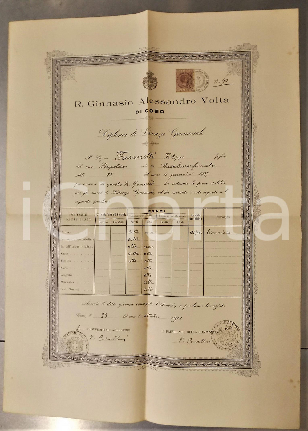 1901 COMO Ginnasio "Alessandro Volta" -  Licenza ginnasiale di Filippo FASANOTTI