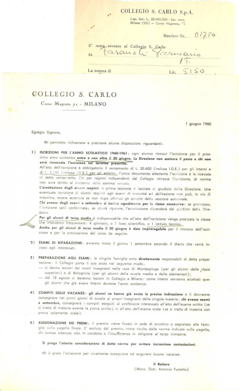 Documento originale, autentico 1960 MILANO Collegio San Carlo  Regolamento iscrizioni ed esami con ricevuta 1