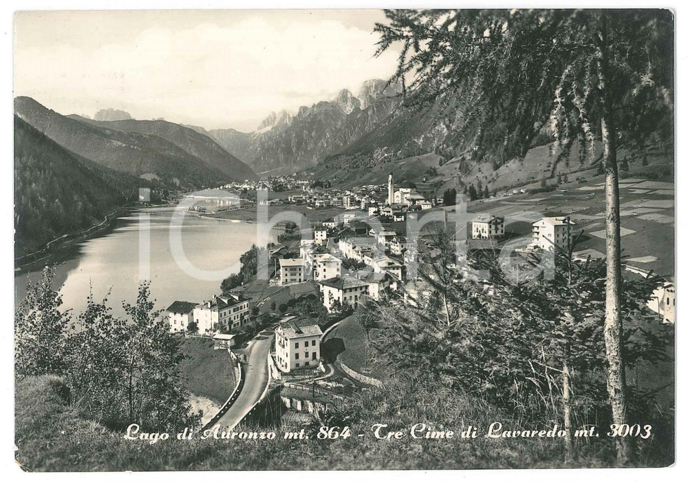 Cartolina originale da collezione 1958 AURONZO DI CADORE Lago di Auronzo e Tre Cime di Lavaredo Cartolina FG VG 1