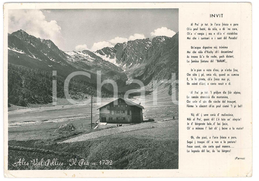 1965 BOBBIO PELLICE Rifugio Willy JERVIS Conca del PrÃ  - Val Pellice - Cartolina Cartolina d'epoca viaggiata. Al recto la poesia dialettale "Invit" di Parvus.  FAIR/discreto piccole piegature agli angoli Formato: 15x10 cm originale e autentica 1