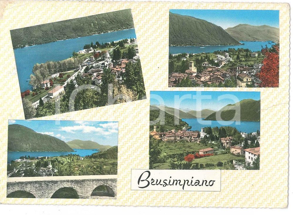 1960 ca BRUSIMPIANO (VA) Panorama con il Lago di Lugano - Cartolina FG VG Cartolina d'epoca viaggiata, con affrancatura rimossa. VERY POOR/gravemente danneggiato strappi al margine destro, piega all'angolo superiore sinistro Formato: 15x10 cm originale e autentica 1