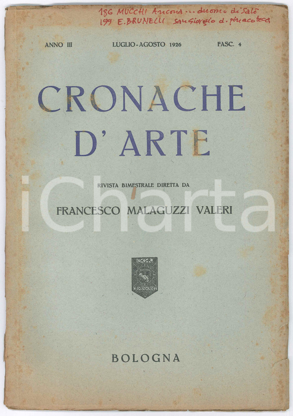 Giornale, rivista storica 1926 CRONACHE D ARTE Porta Montanara a Imola  Collezione Montanari a Bologna 1