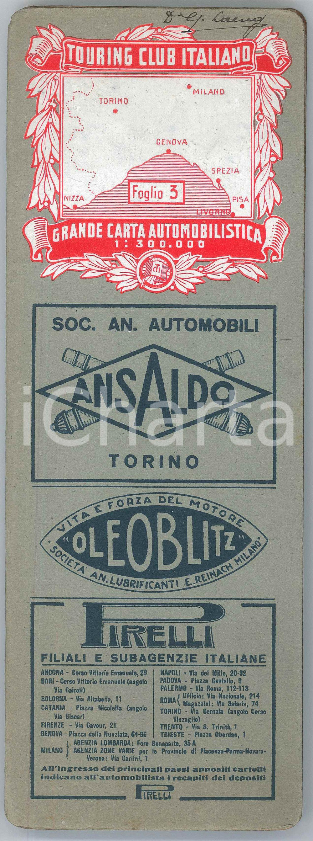 Mappa, planimetria storica 1930 ca TOURING CLUB ITALIANO Carta automobilistica Foglio 3 NORD OVEST LIGURIA 1