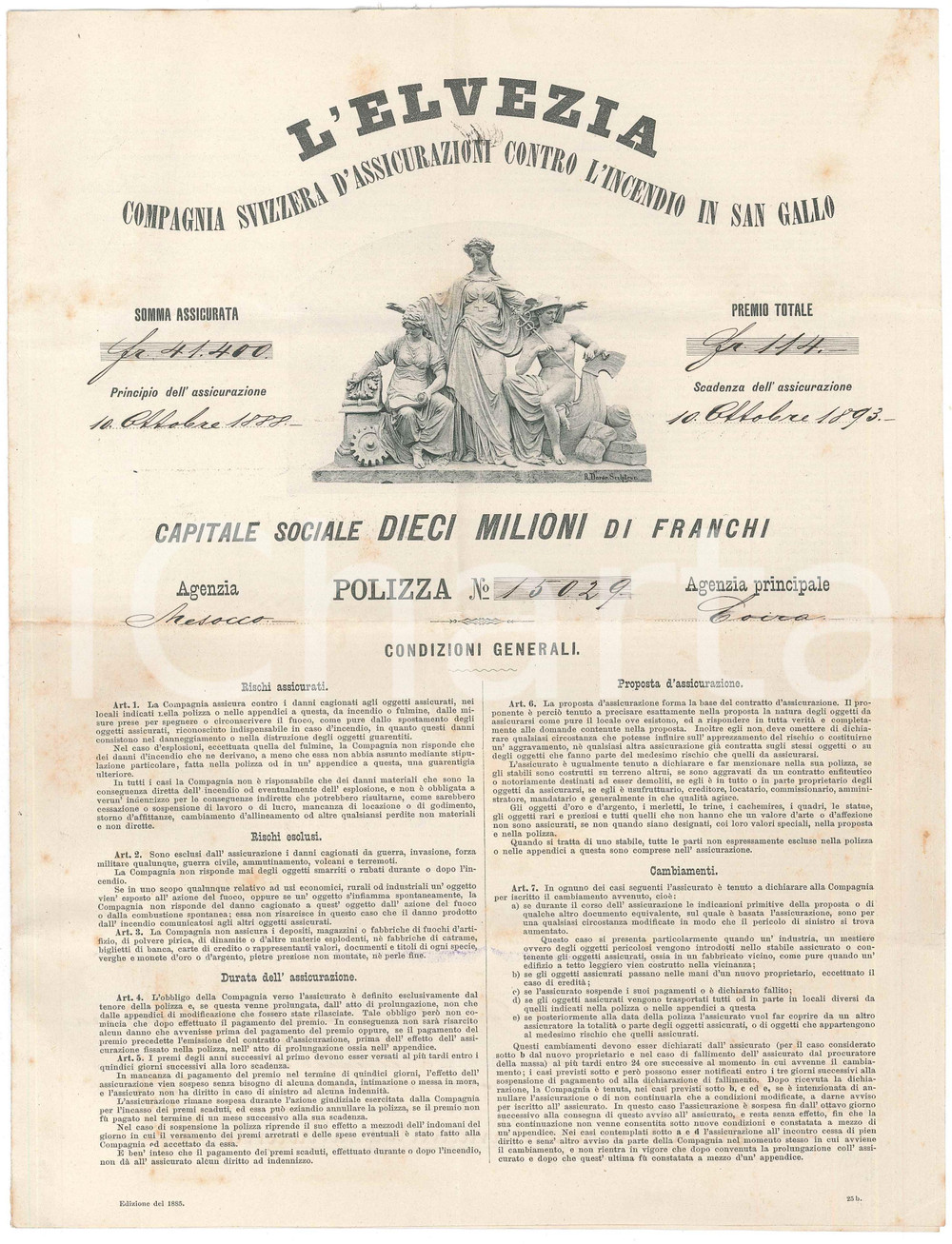 Documento originale, autentico 1888 SAN BERNARDINO SVIZZERA Assicurazioni L ELVEZIA  Polizza CARAMORA 1