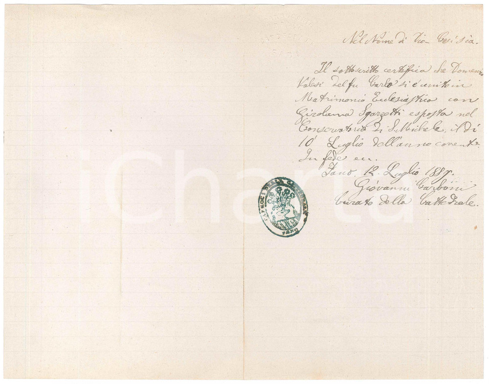Documento originale, autentico 1889 FANO Certificato matrimonio Domenico VALESI Girolama SGARZETTI Don CARBONI 1