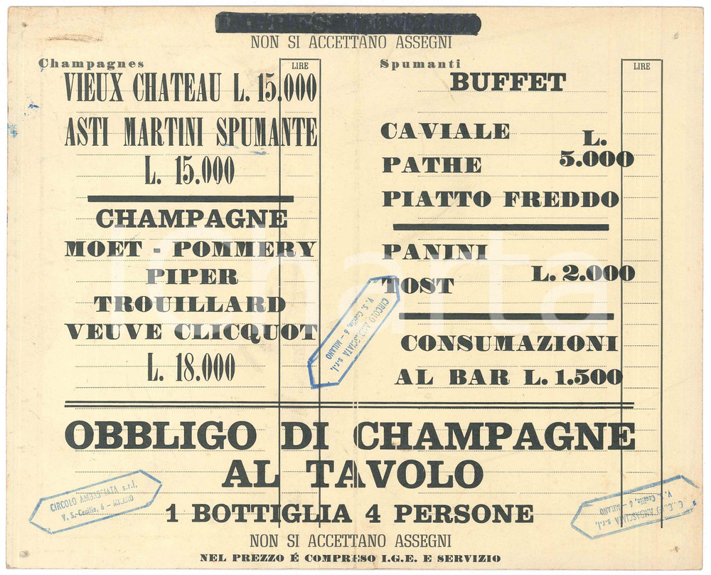 Oggetto da collezione cartaceo 1950 ca MILANO  EMBASSY Night Club  Restaurant Menù 1