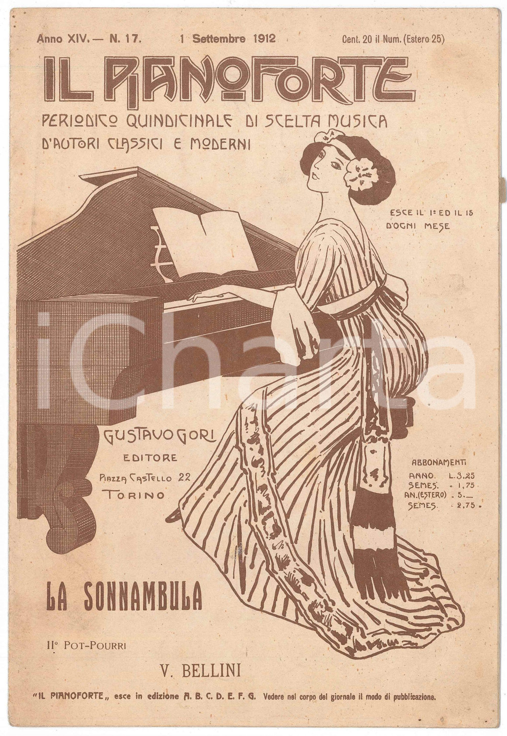 Oggetto da collezione cartaceo 1912 IL PIANOFORTE La Sonnambula  Potpourri  Anno XIV n. 17  Spartito 1