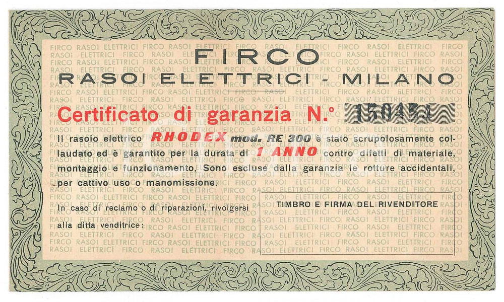 Materiale pubblicitario d’epoca 1950 ca MILANO  FIRCO Rasoi elettrici  Certificato di garanzia rasoio RHODEX 1
