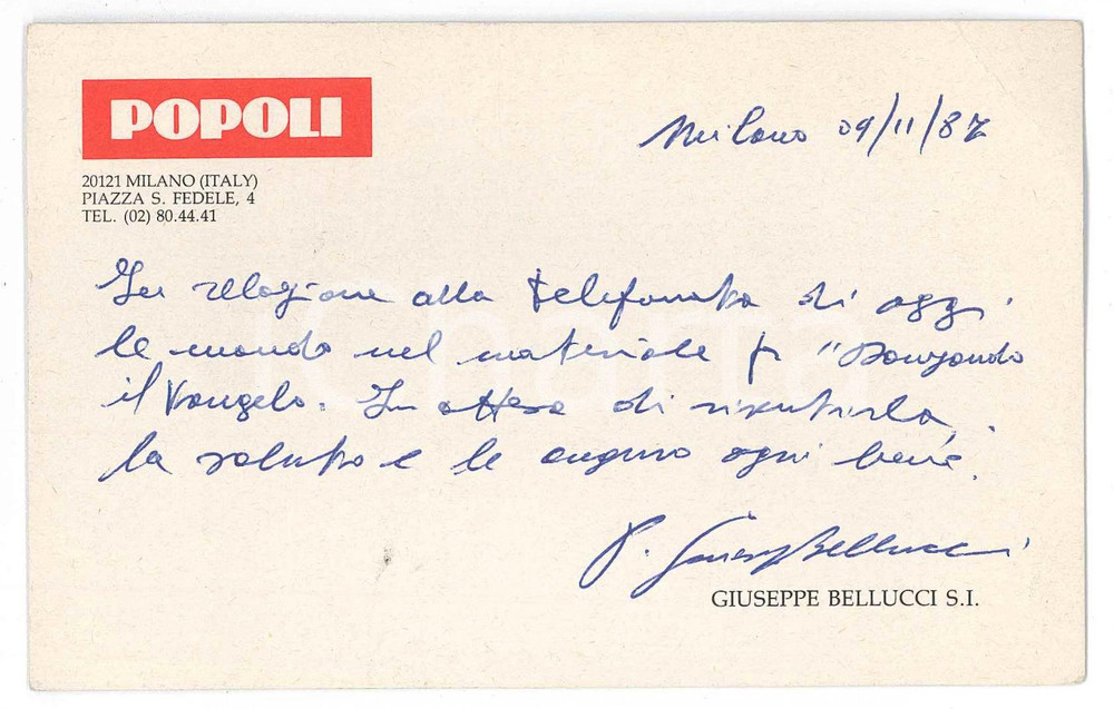 Autografo originale 1987 MILANO Padre Giuseppe BELLUCCI direttore POPOLI  Biglietto AUTOGRAFO 1