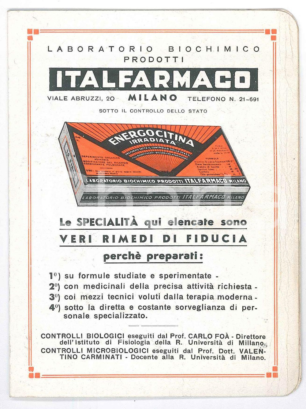 Materiale pubblicitario d’epoca 1930 ca MILANO Laboratorio Biochimico ITALFARMACO  Prodotti  Biglietto 1